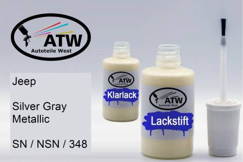 Jeep, Silver Gray Metallic, SN / NSN / 348: 20ml Lackstift + 20ml Klarlack - Set, von ATW Autoteile West.